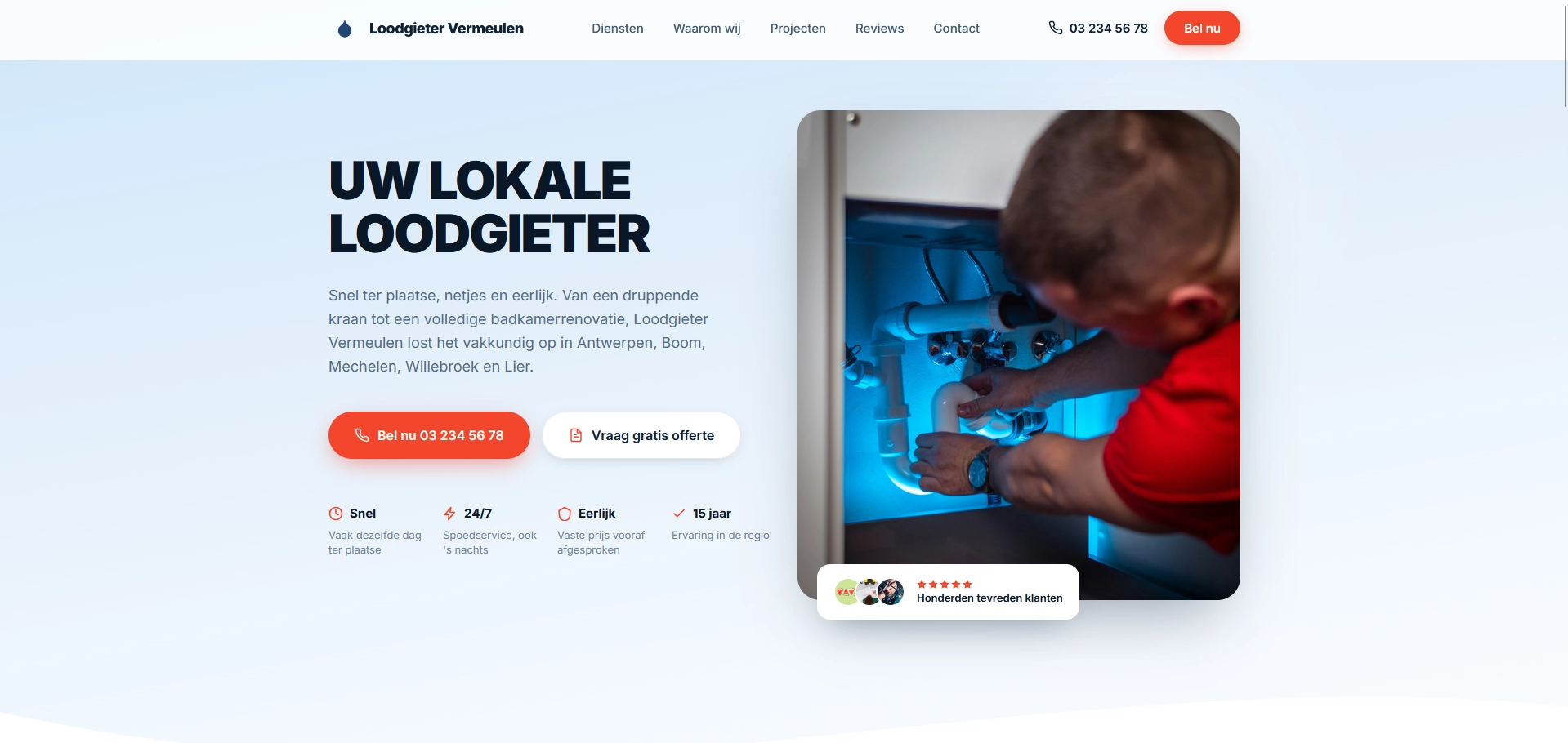 Screenshot van de homepage van Loodgieter Vermeulen